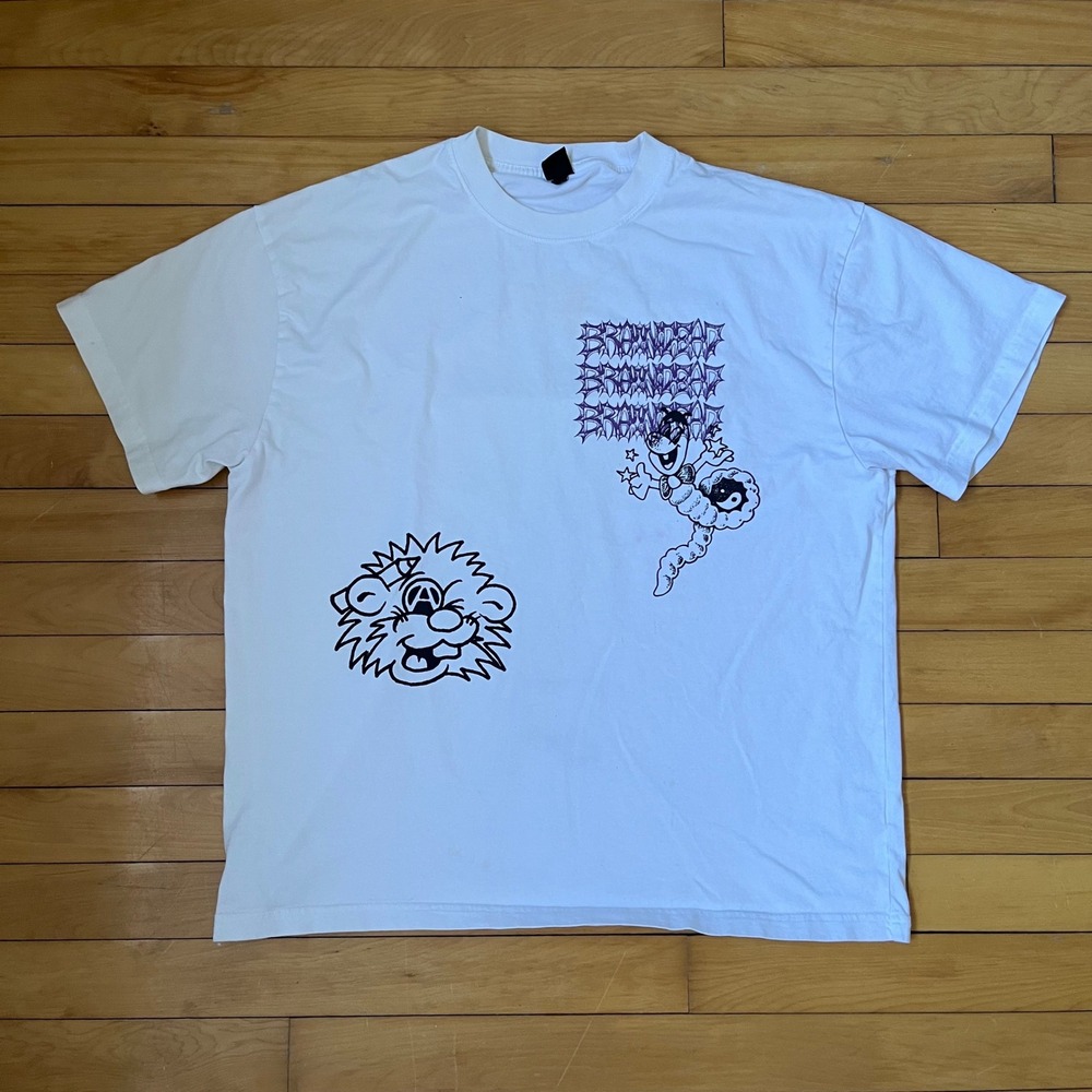 Brain Dead White Graphic T-Shirt Worm Hedgehog Skeleton 8-Ball Streetwear Tee